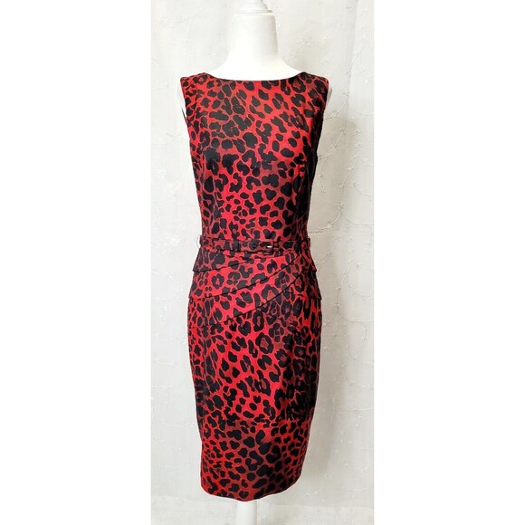 CACHE Dress Sheath Bodycon Black Red Leopard Belted Sleeveless Stretch Women's 2 - Picture 1 of 5